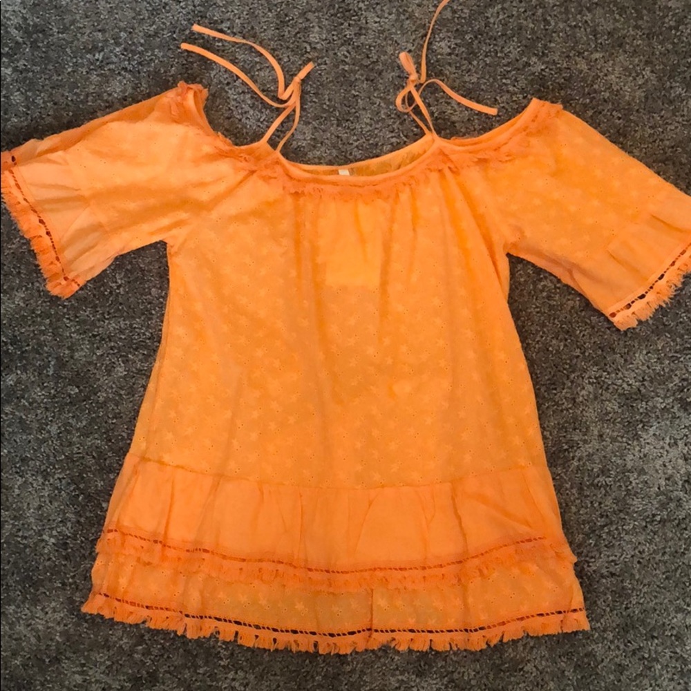 Orange off the shoulder/tie at shoulder blouse